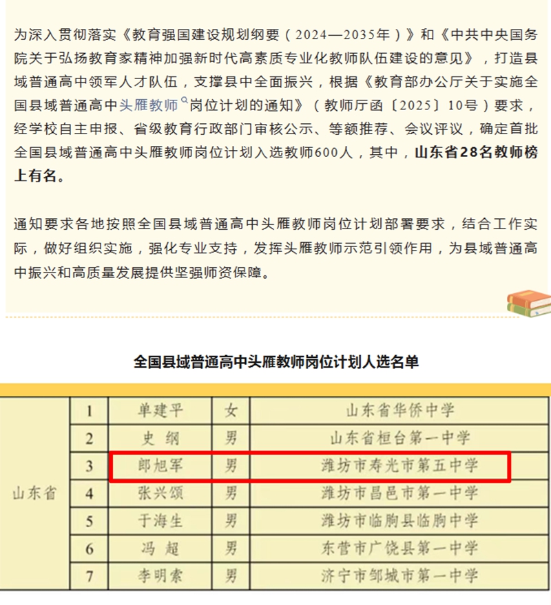 喜报！郎旭军老师入选全国县域普通高中头雁教师岗...